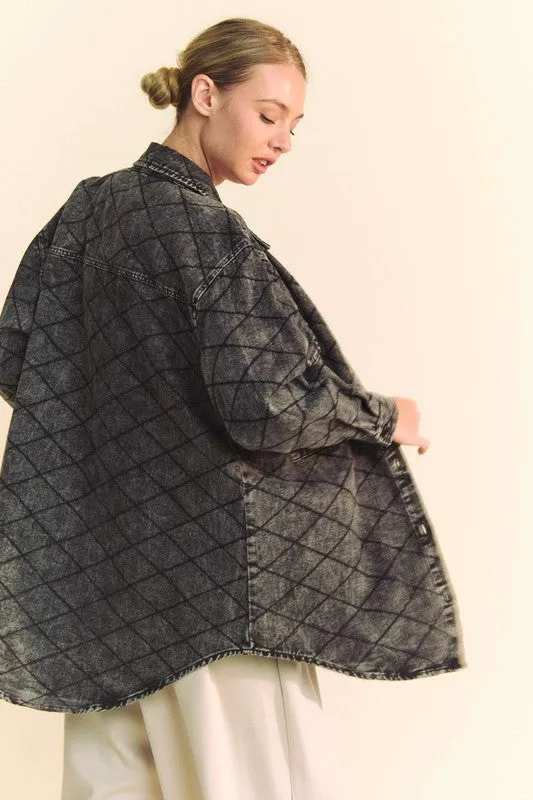 Davi & Dani Black Curved Hem Diamond Quilted Button Up Denim Shacket