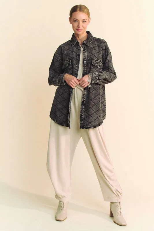 Davi & Dani Black Curved Hem Diamond Quilted Button Up Denim Shacket