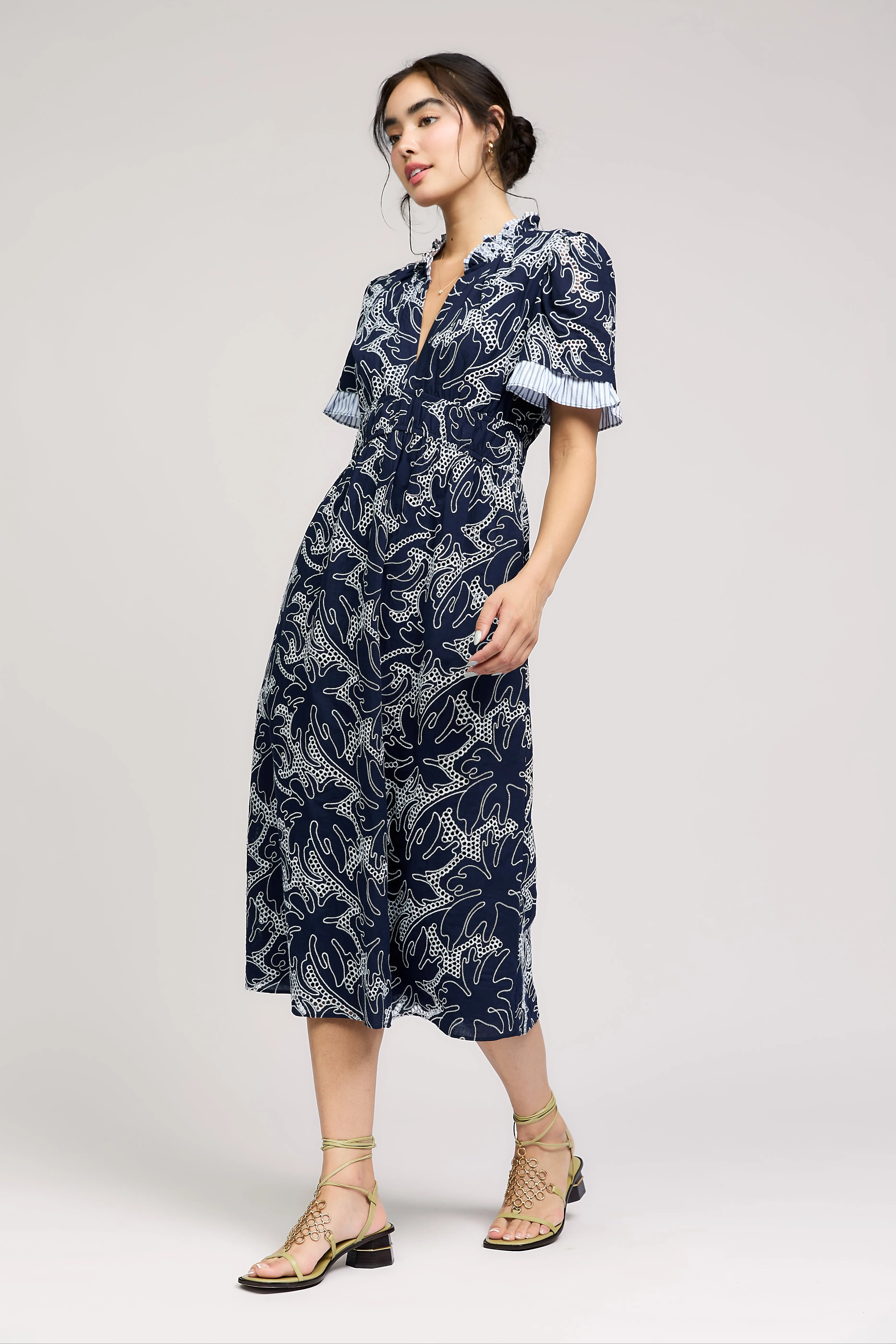 Eyelet Layered Sleeve Midi Dress