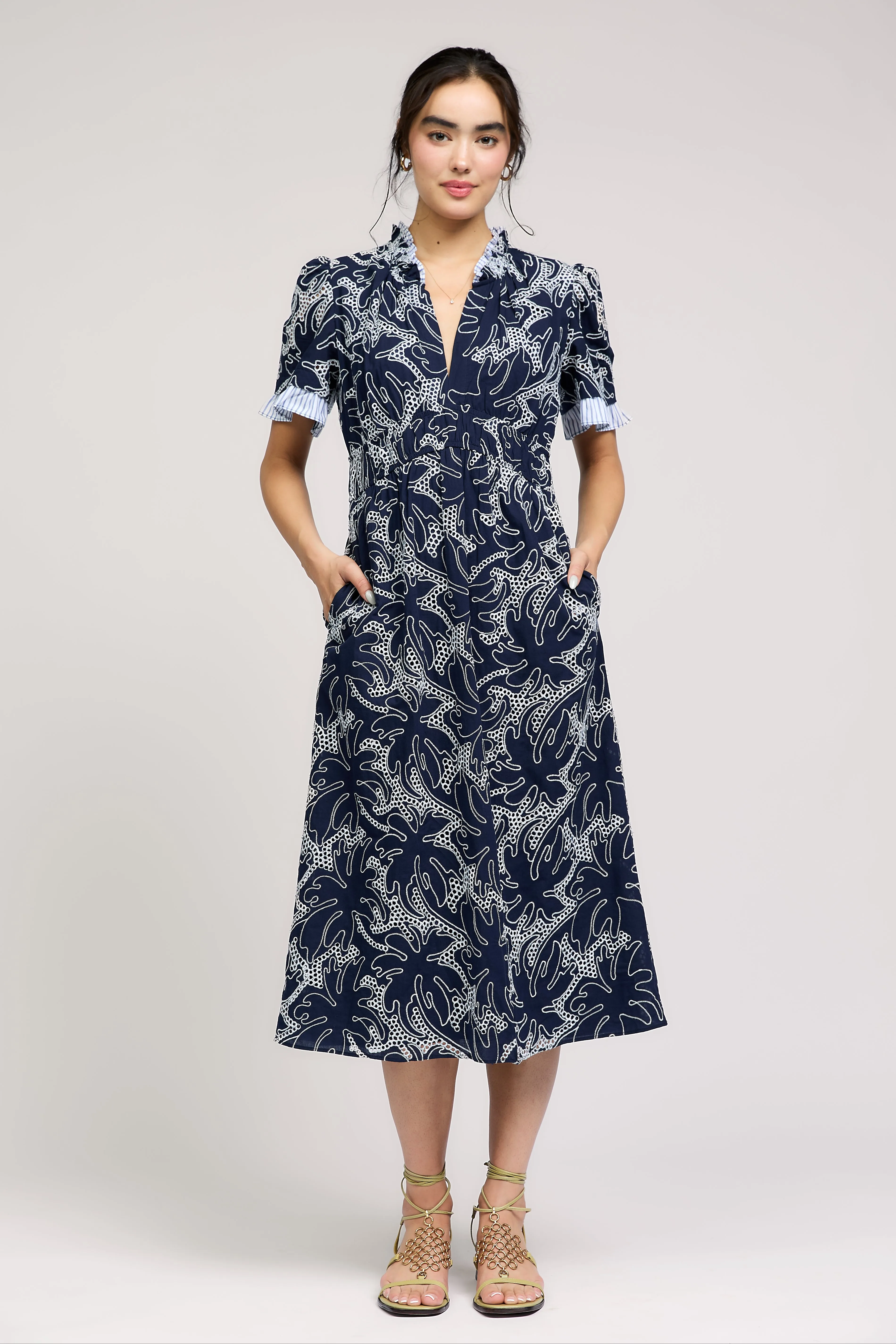 Eyelet Layered Sleeve Midi Dress