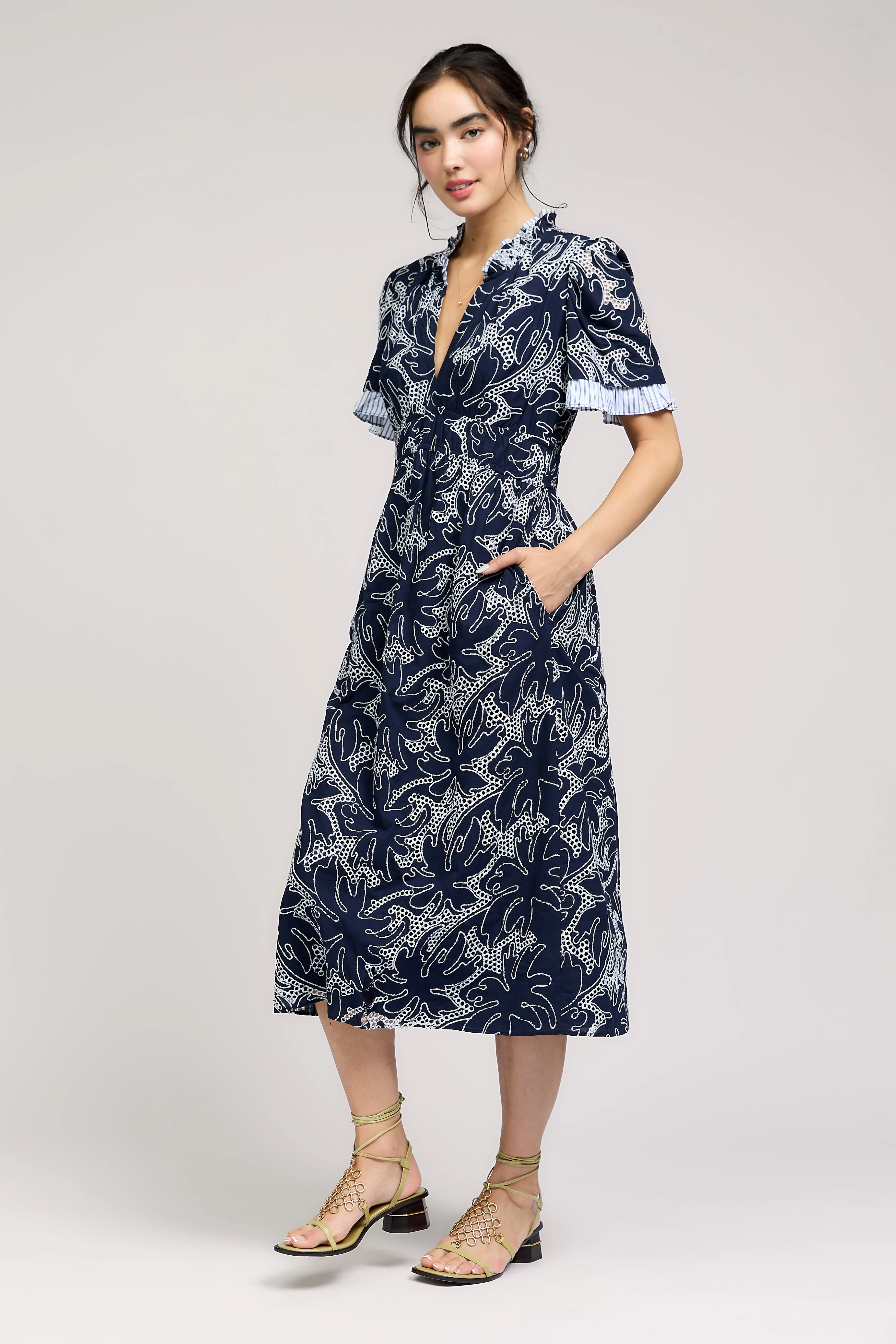 Eyelet Layered Sleeve Midi Dress