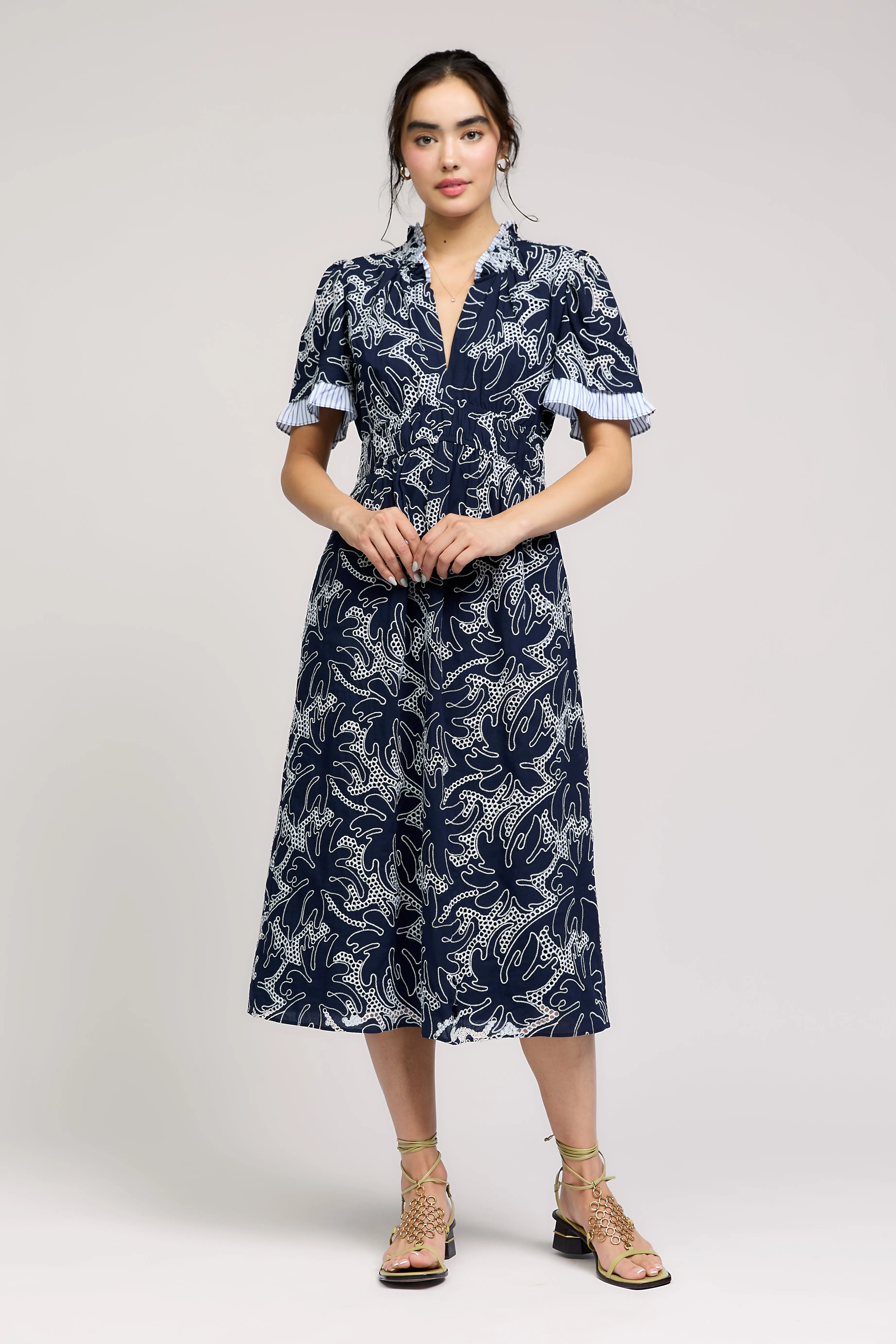 Eyelet Layered Sleeve Midi Dress