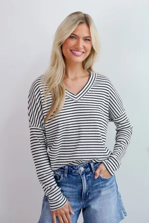 FINAL SALE - Envied Comfort Ivory Striped Knit Long Sleeve Top