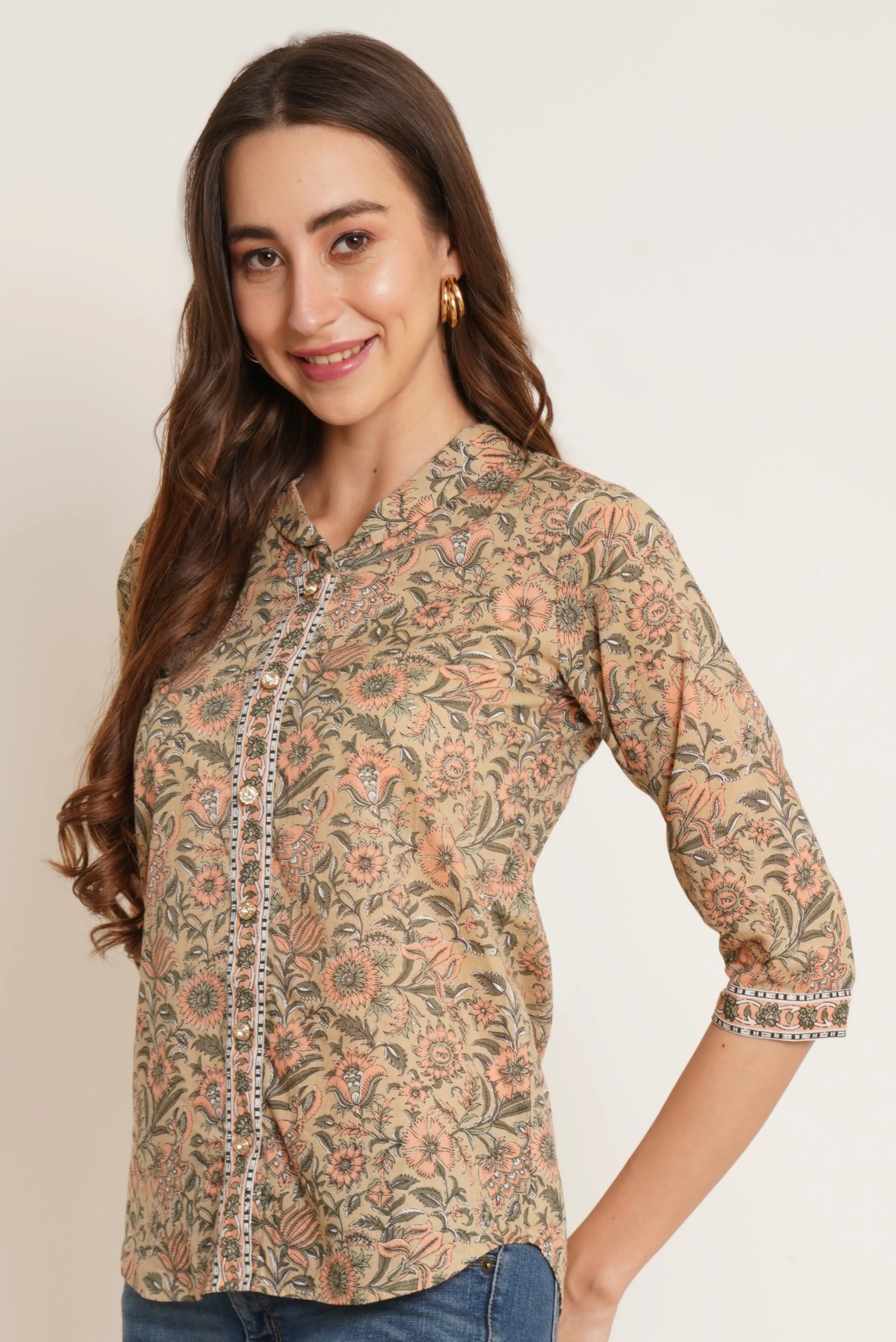 Jaipuri Print Button Down Kurti Style Cotton Top For Women