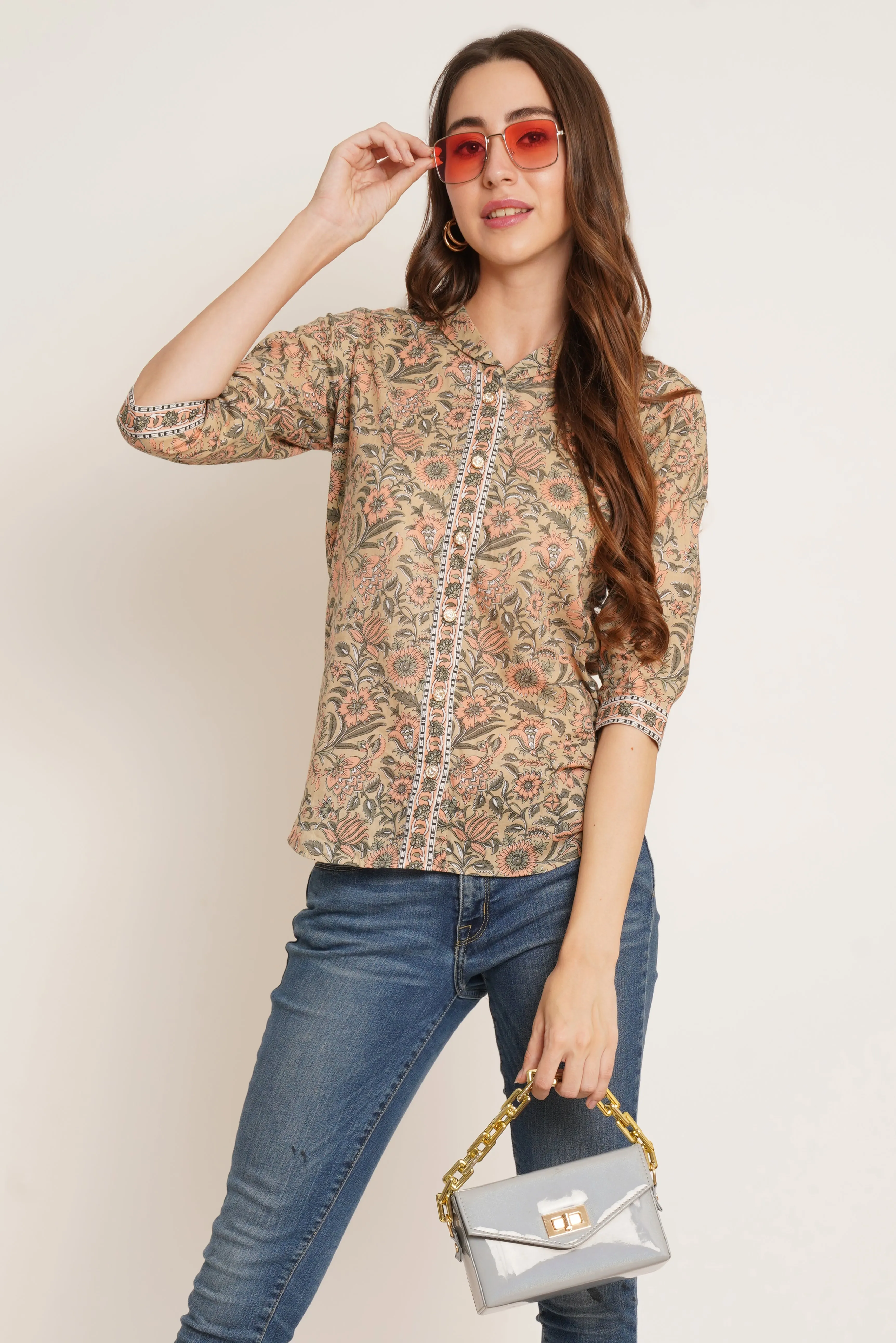 Jaipuri Print Button Down Kurti Style Cotton Top For Women