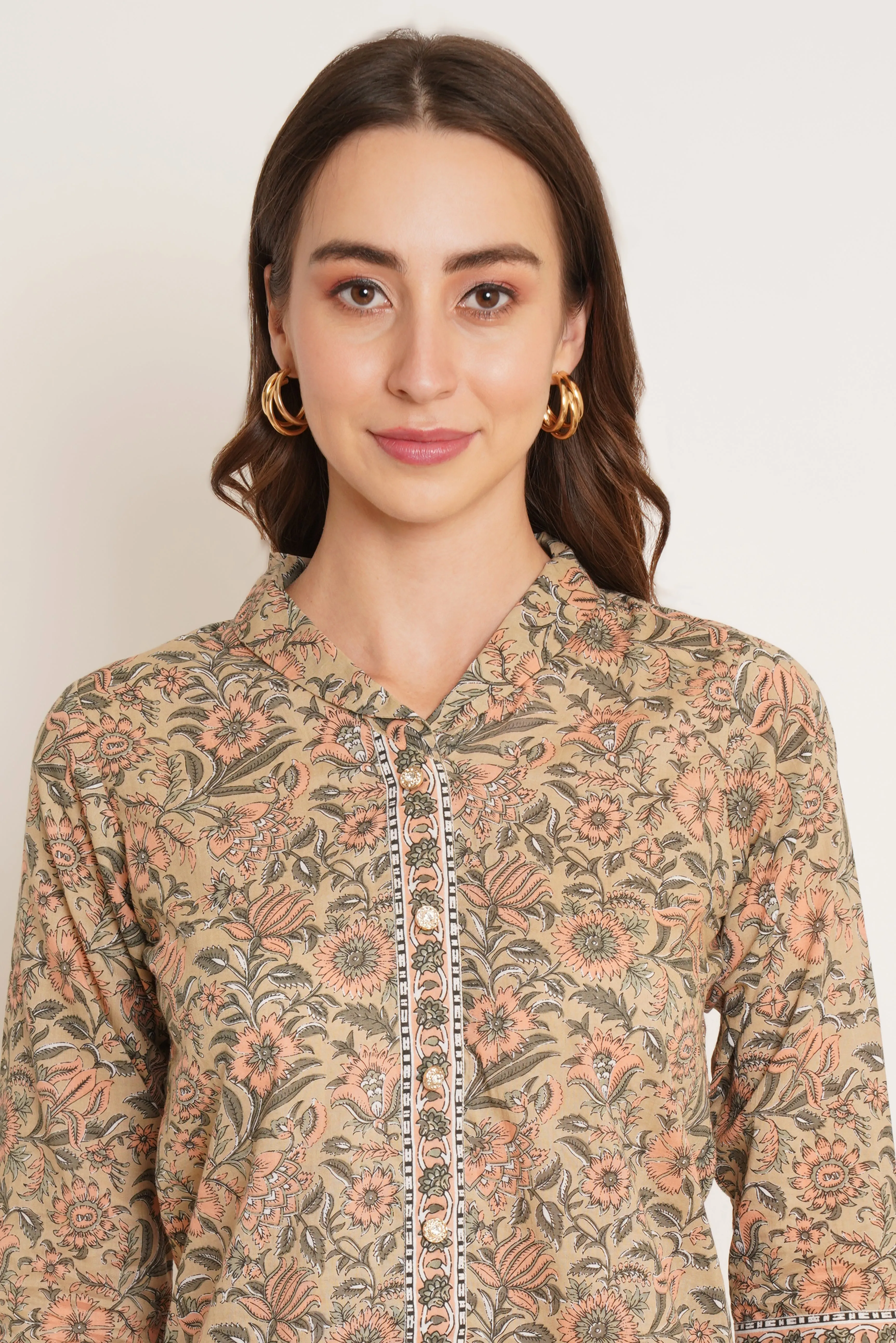 Jaipuri Print Button Down Kurti Style Cotton Top For Women