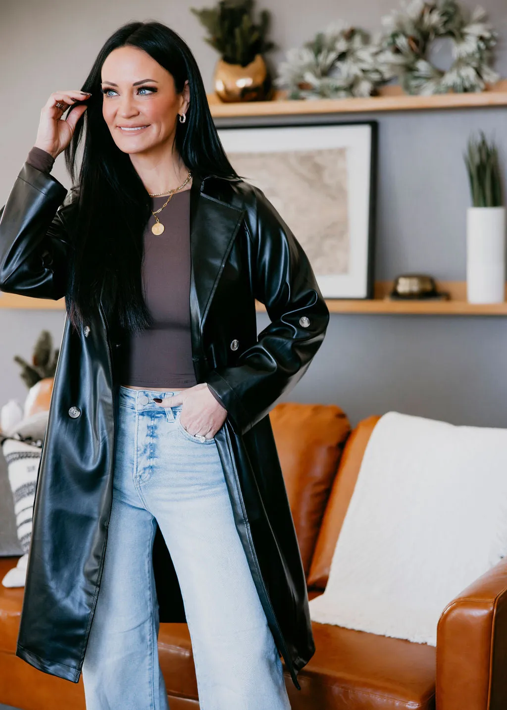 Kandie Faux Leather Trench Coat