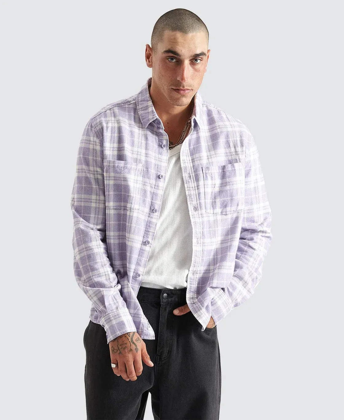 KISS CHACEY Mens La Brea Casual Long Sleeve Check Shirt - Heirloom Lilac Check