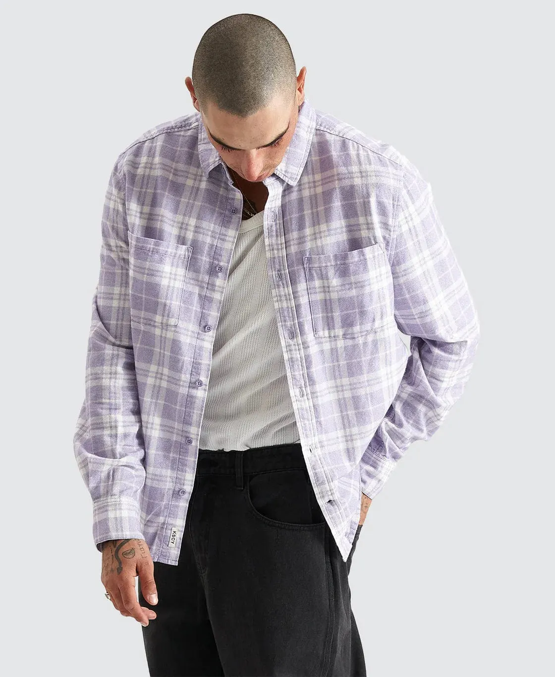 KISS CHACEY Mens La Brea Casual Long Sleeve Check Shirt - Heirloom Lilac Check