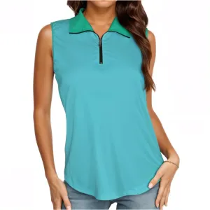 Kume Blue Sleeveless Quarter Zip Polo Top