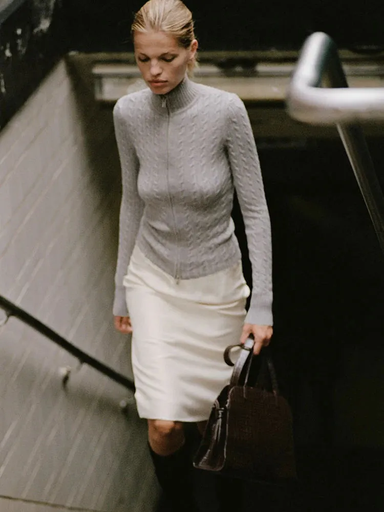 Long Sleeve Knitted Turtleneck Zip Up Sweater