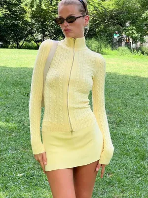Long Sleeve Knitted Turtleneck Zip Up Sweater