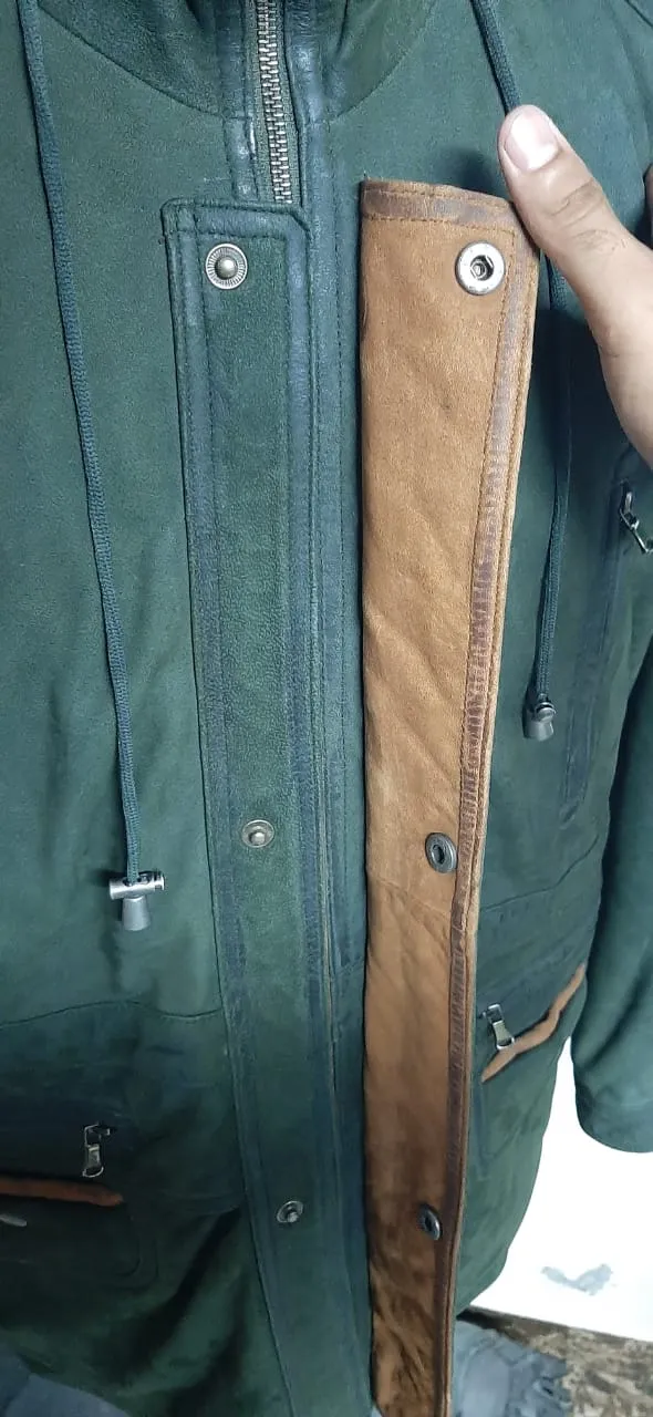 Men's Green Cow Hide Nubuck Suede Leather Jacket Parka