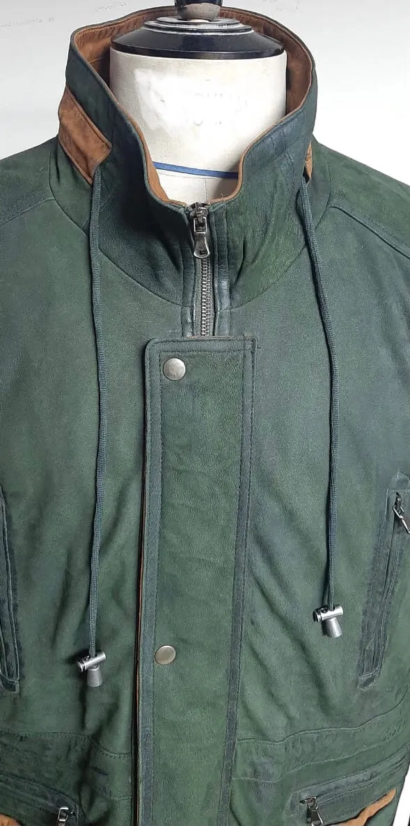 Men's Green Cow Hide Nubuck Suede Leather Jacket Parka