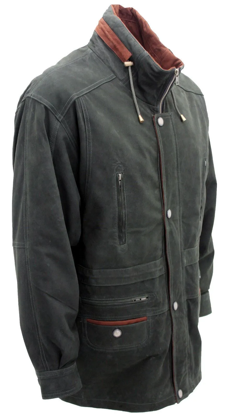 Men's Green Cow Hide Nubuck Suede Leather Jacket Parka