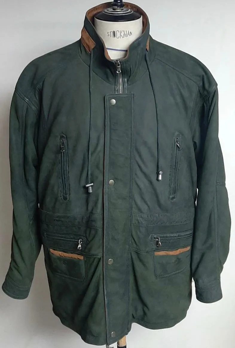 Men's Green Cow Hide Nubuck Suede Leather Jacket Parka