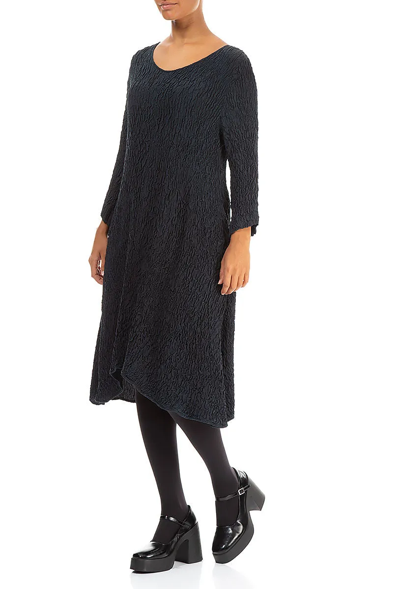 Midi Crinkled Navy Silk Dress