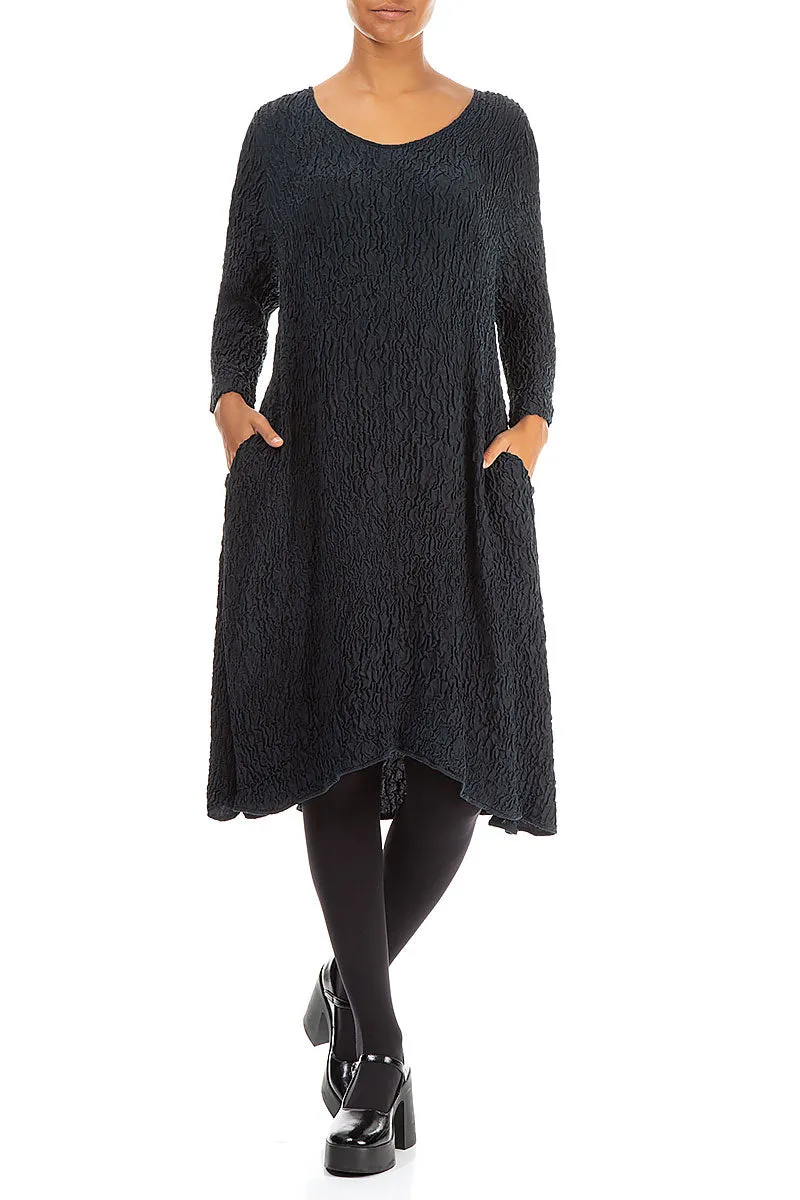 Midi Crinkled Navy Silk Dress