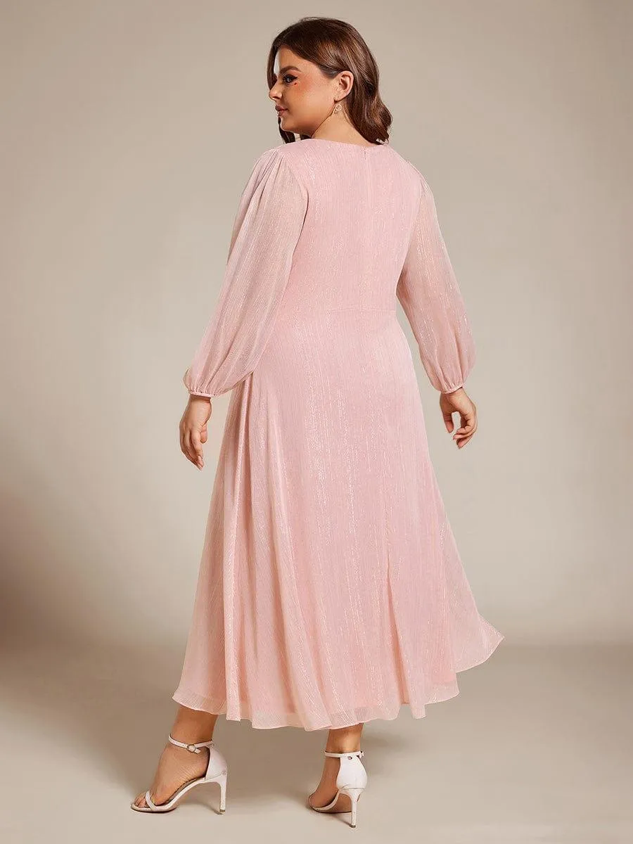 Plus Size Twist Knot Louts Leaf Long Sleeve A-Line Evening Dress
