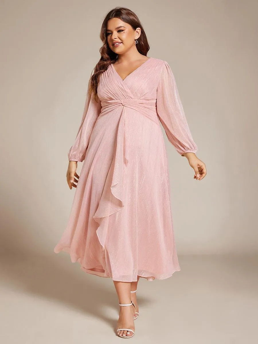 Plus Size Twist Knot Louts Leaf Long Sleeve A-Line Evening Dress