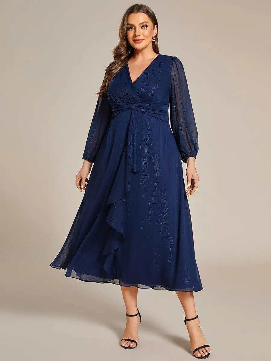 Plus Size Twist Knot Louts Leaf Long Sleeve A-Line Evening Dress