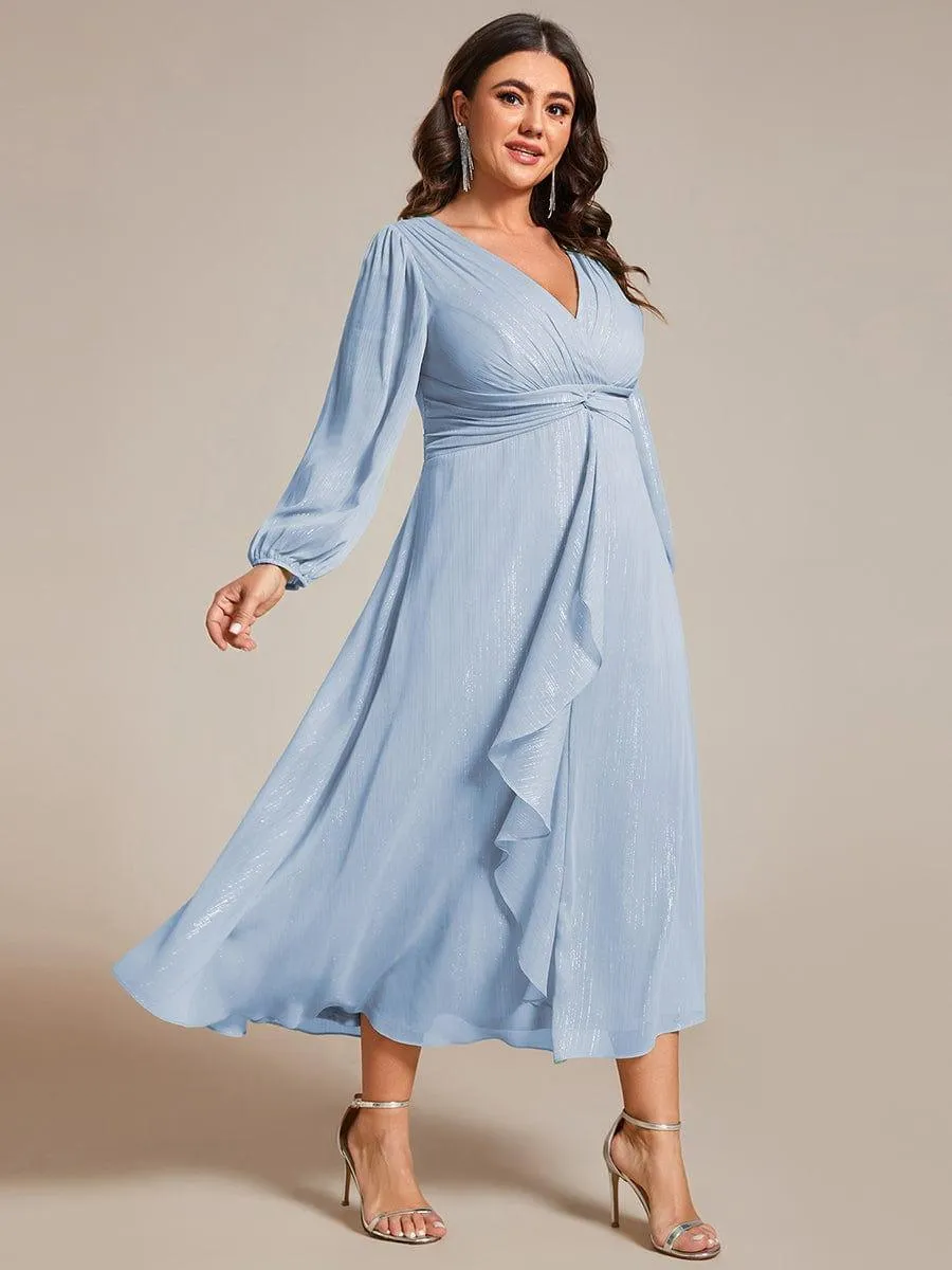 Plus Size Twist Knot Louts Leaf Long Sleeve A-Line Evening Dress
