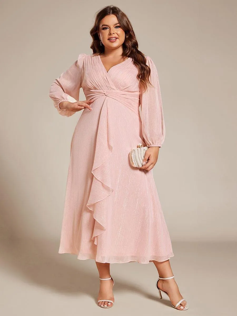 Plus Size Twist Knot Louts Leaf Long Sleeve A-Line Evening Dress
