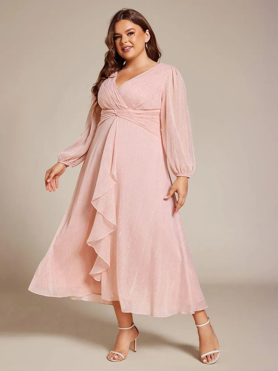 Plus Size Twist Knot Louts Leaf Long Sleeve A-Line Evening Dress