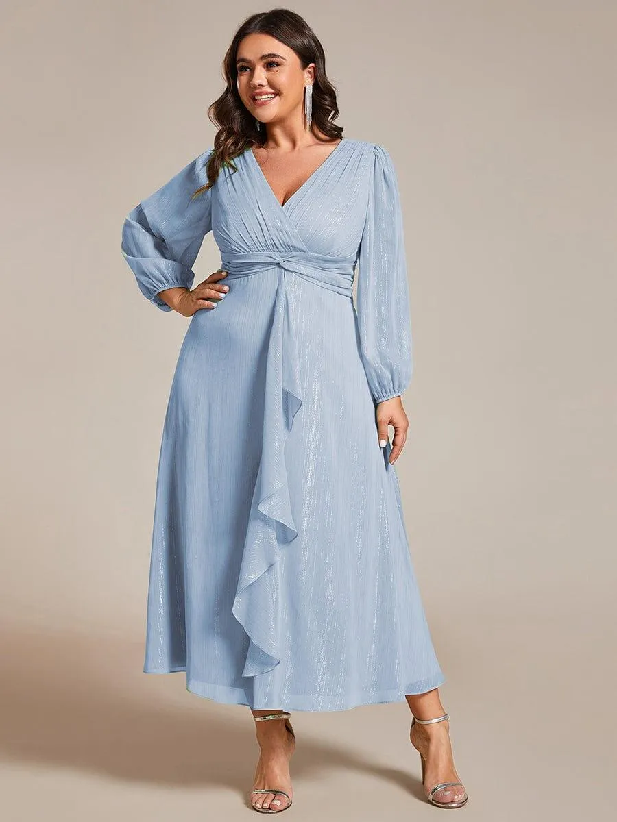 Plus Size Twist Knot Louts Leaf Long Sleeve A-Line Evening Dress