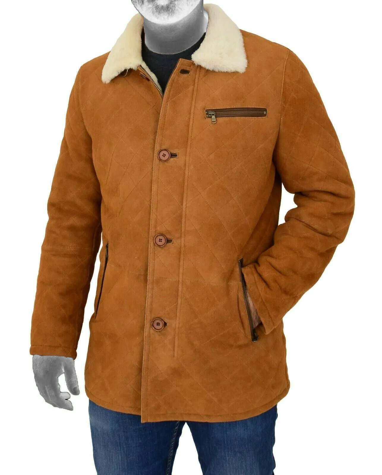Spine Spark Men's Brown Soft Suede Leather Shearling Coat Jacket