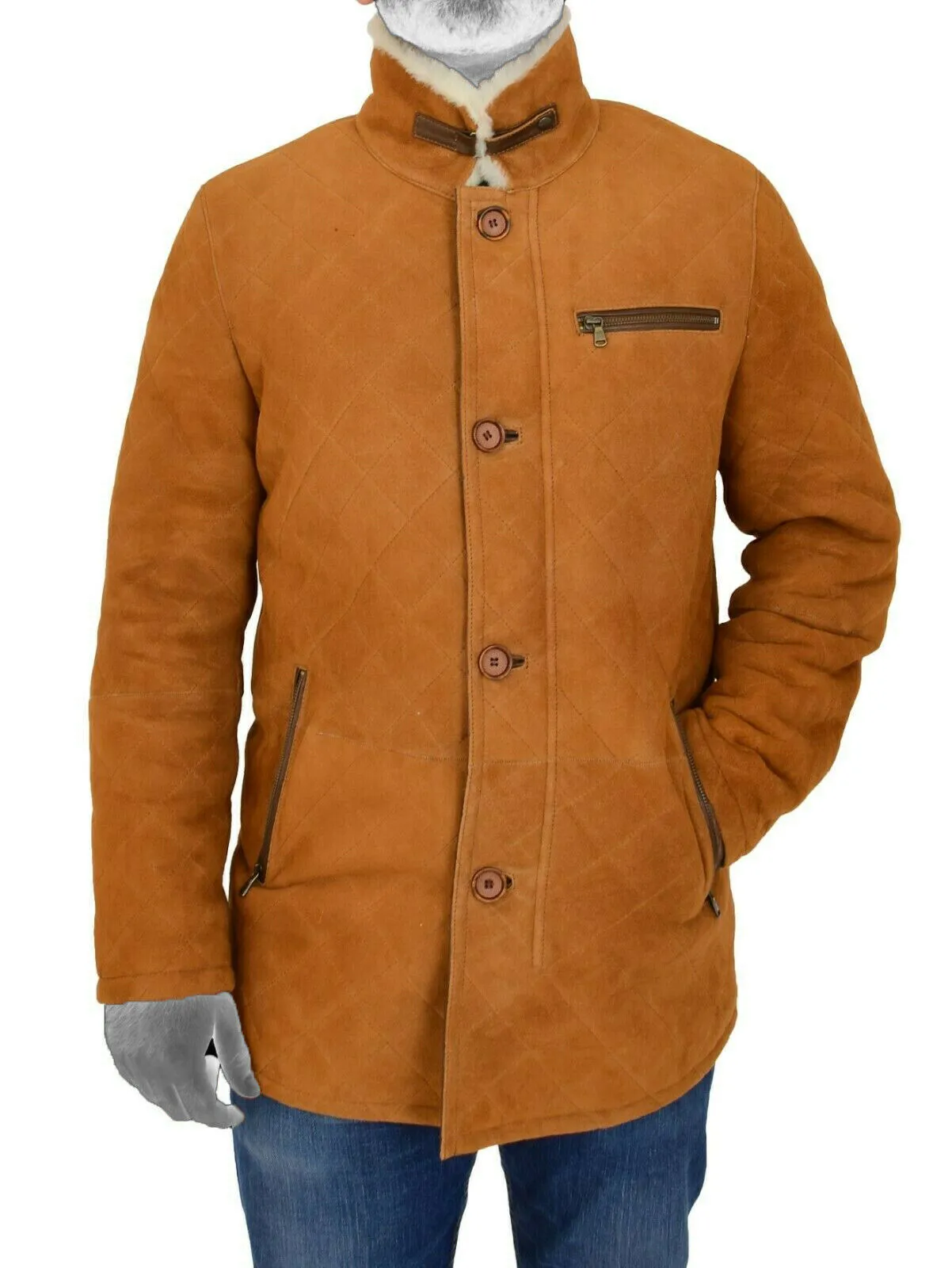 Spine Spark Men's Brown Soft Suede Leather Shearling Coat Jacket