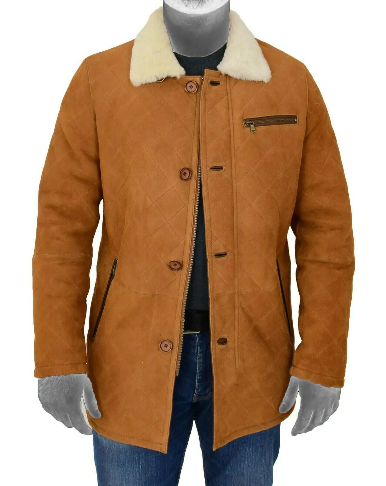 Spine Spark Men's Brown Soft Suede Leather Shearling Coat Jacket