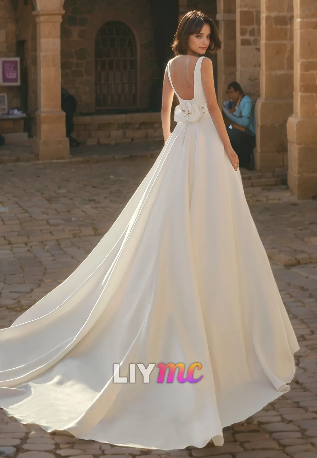 Square Sleeveless Pleated Satin A-Line Wedding Dress