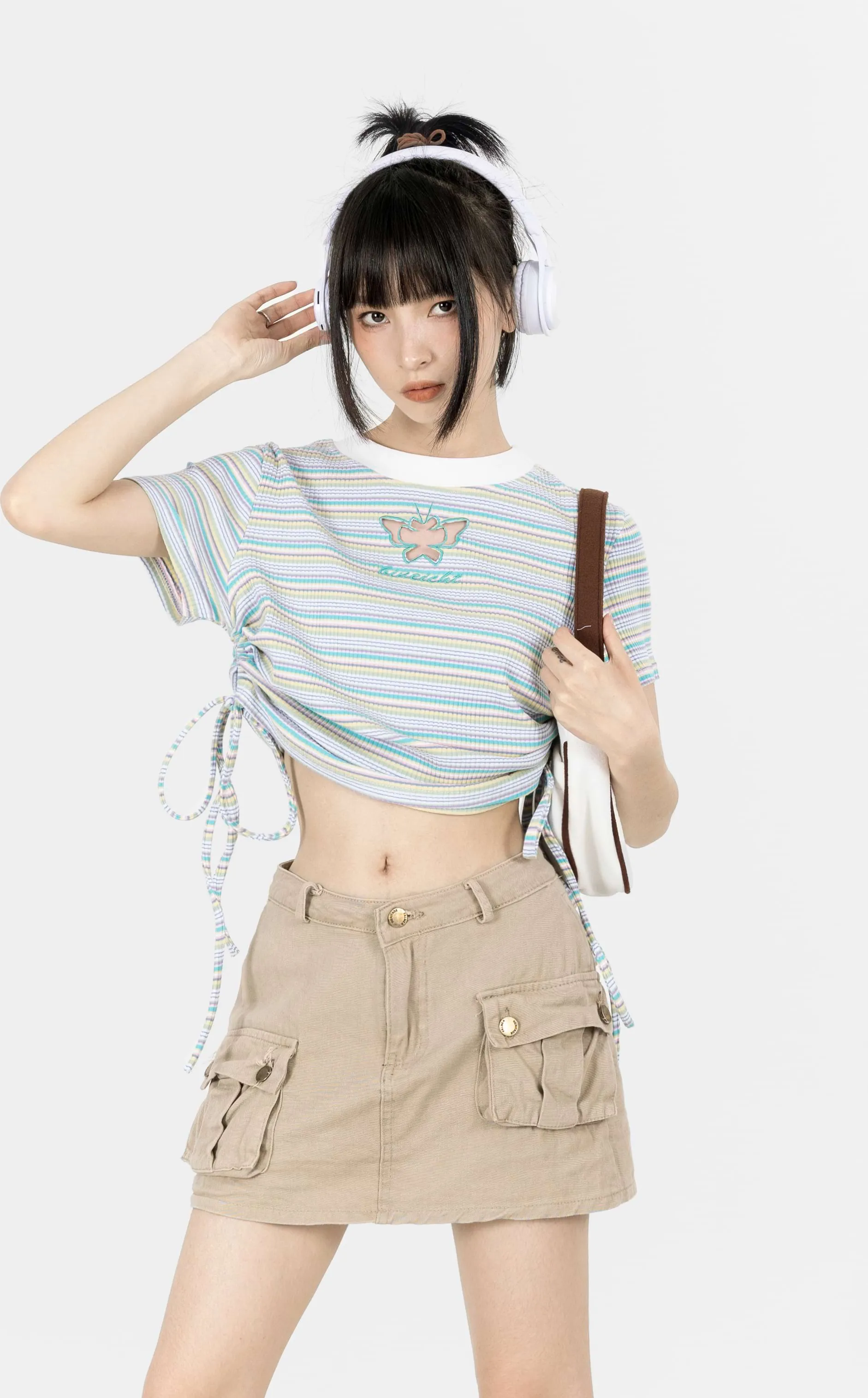 Stripe Ruched Side Crop Top with Butterfly Cutout
