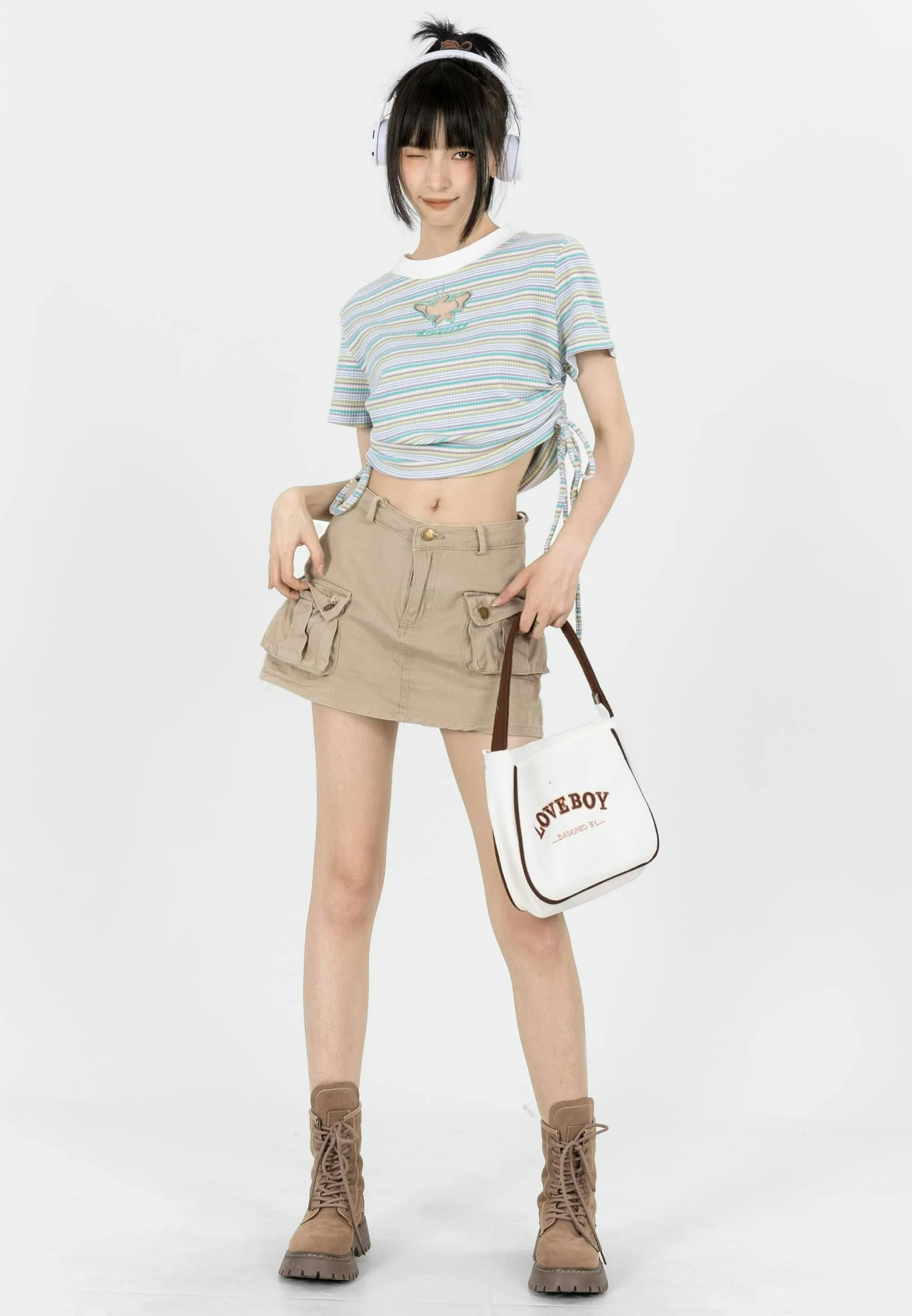 Stripe Ruched Side Crop Top with Butterfly Cutout