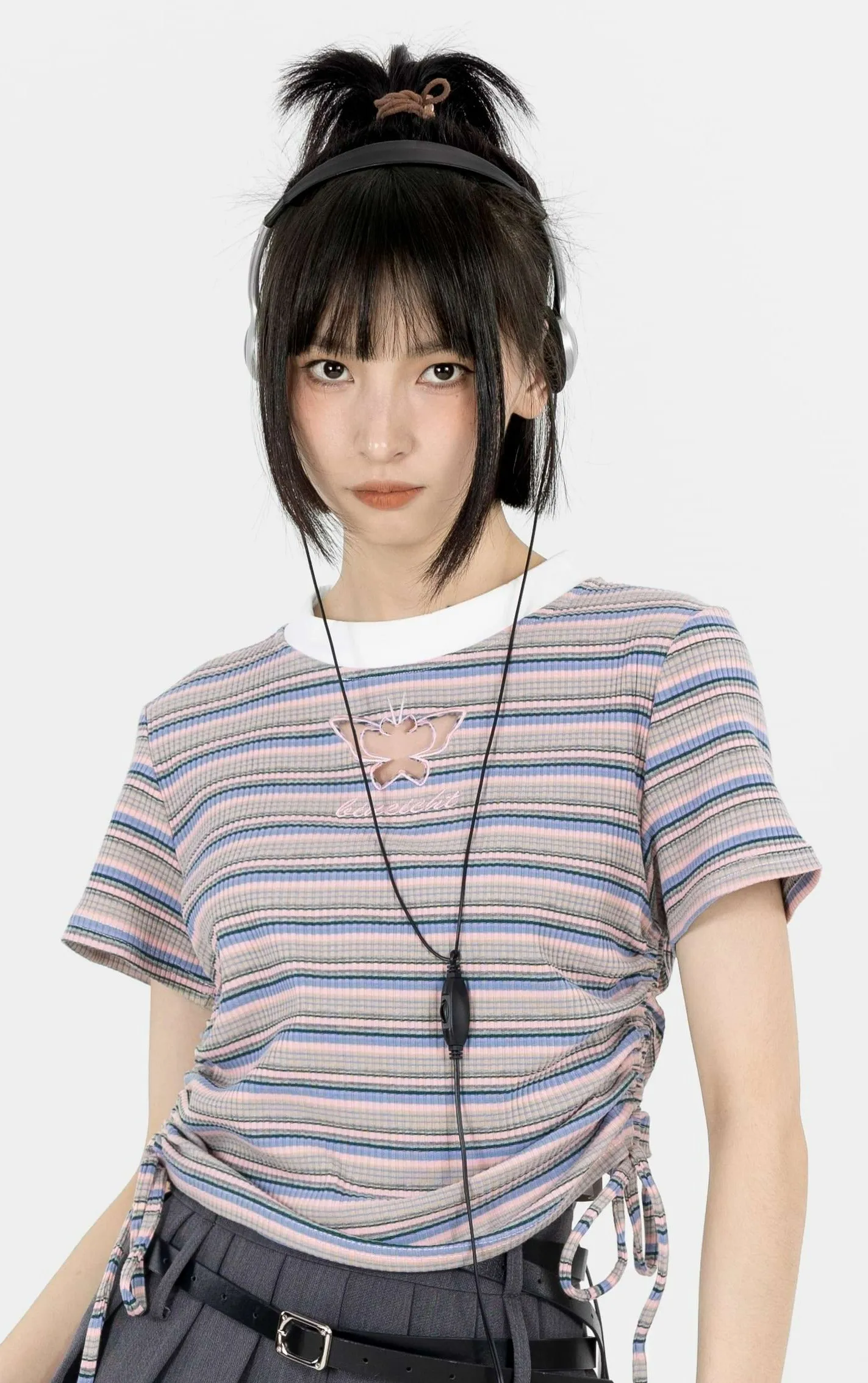 Stripe Ruched Side Crop Top with Butterfly Cutout
