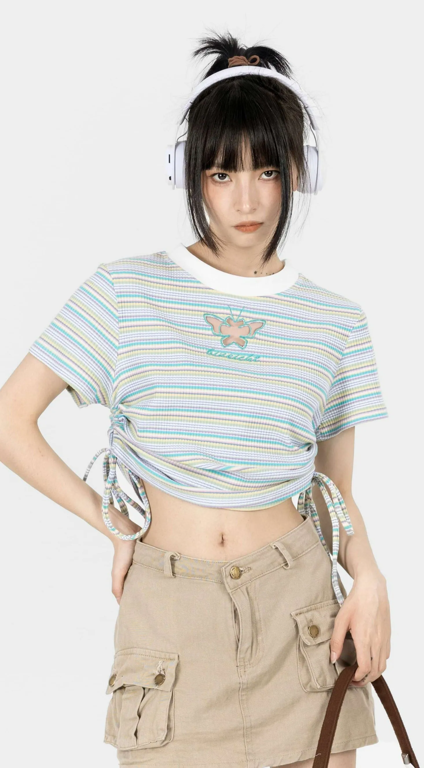 Stripe Ruched Side Crop Top with Butterfly Cutout
