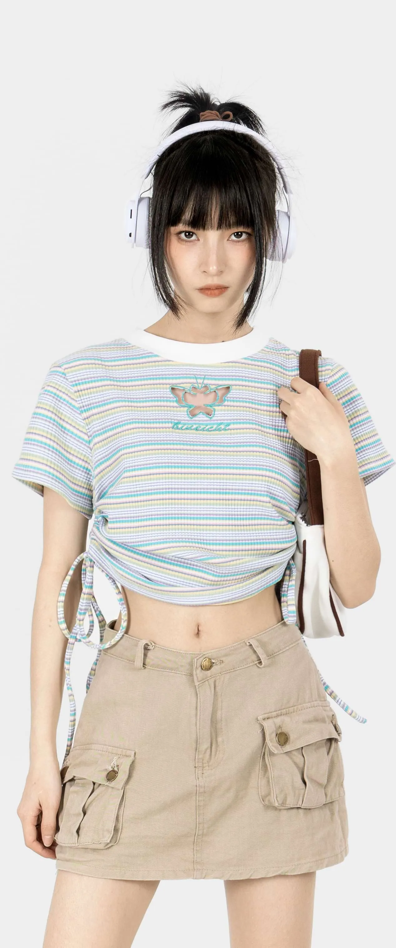 Stripe Ruched Side Crop Top with Butterfly Cutout