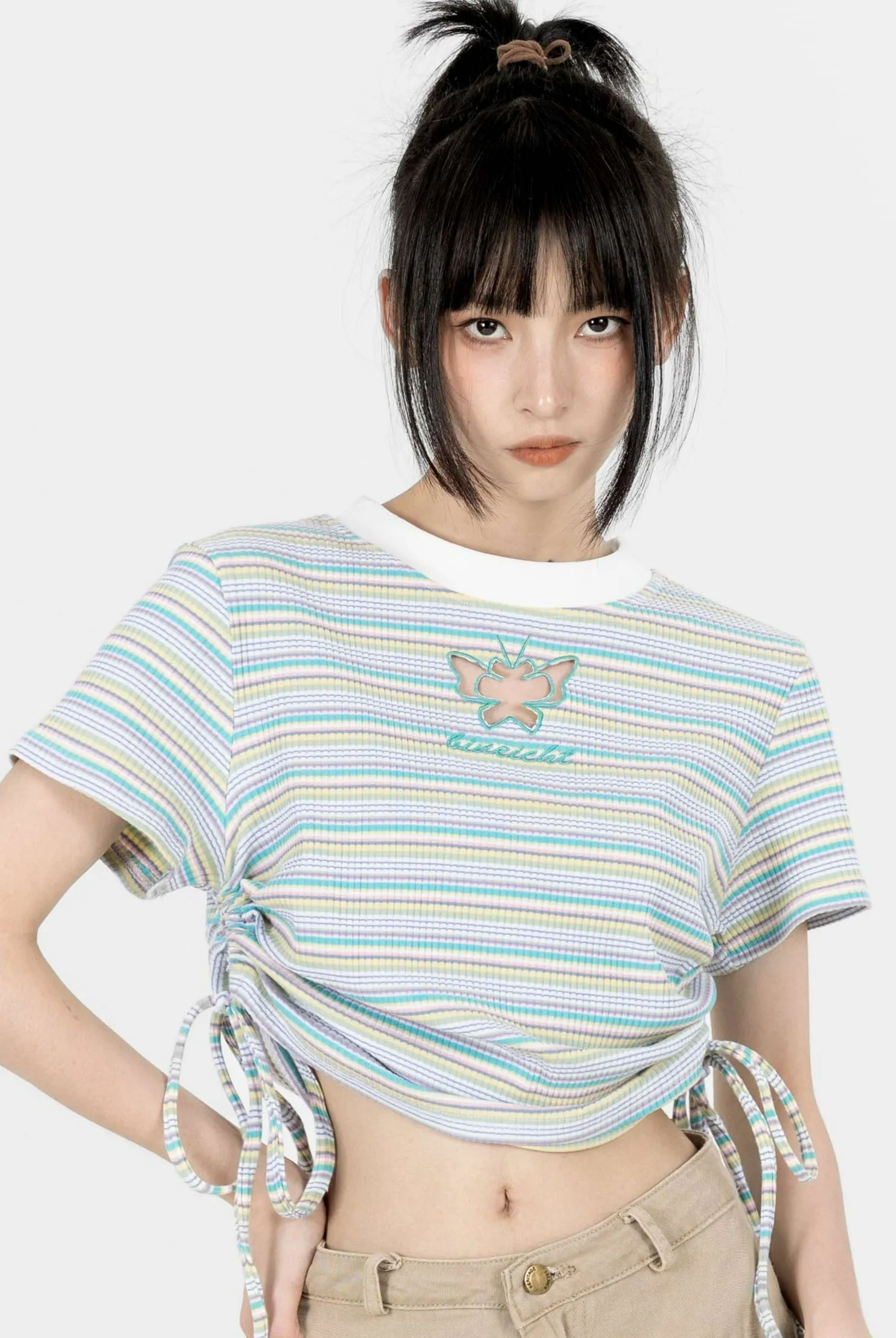 Stripe Ruched Side Crop Top with Butterfly Cutout