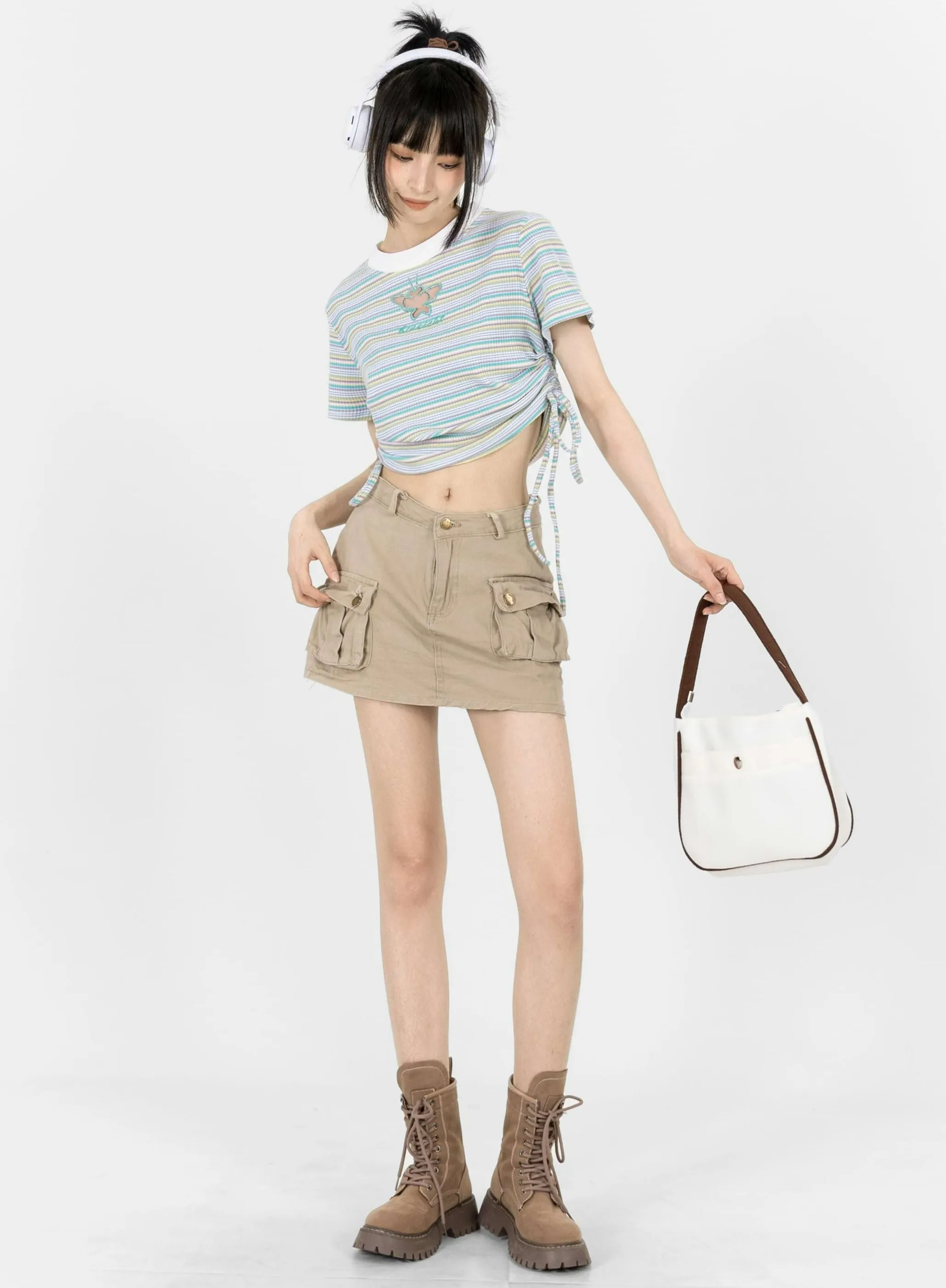 Stripe Ruched Side Crop Top with Butterfly Cutout
