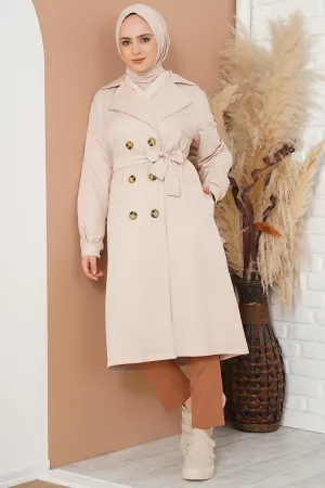 Three-Button Double-Breasted Trench Coat - Beige