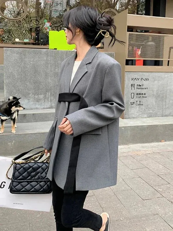 Wenkouban-Winter outfits Christmas Cross Ribbon Slit Single Button Grey Blazer
