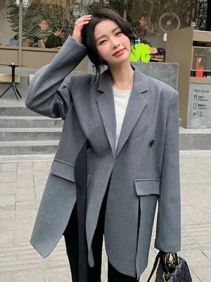 Wenkouban-Winter outfits Christmas Cross Ribbon Slit Single Button Grey Blazer