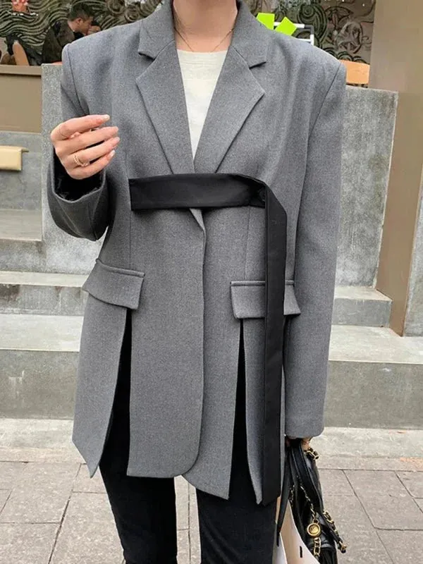 Wenkouban-Winter outfits Christmas Cross Ribbon Slit Single Button Grey Blazer