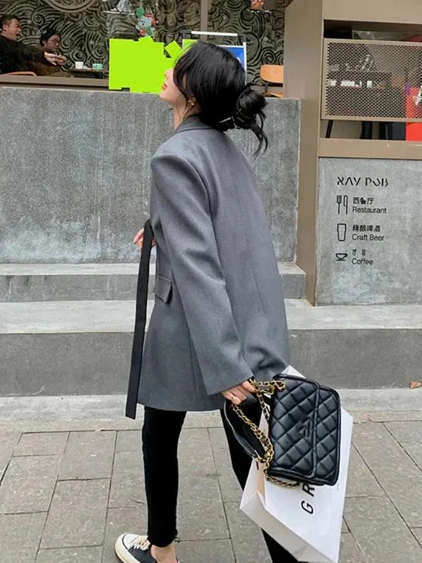 Wenkouban-Winter outfits Christmas Cross Ribbon Slit Single Button Grey Blazer