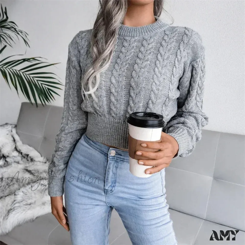 Women Solid Color Twisted Knitted Autumn Winter Fashion Long Sleeve Slim Fit Sweater