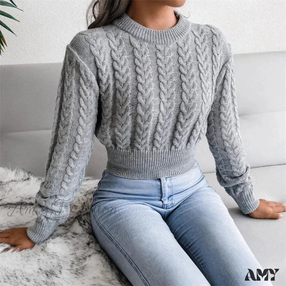Women Solid Color Twisted Knitted Autumn Winter Fashion Long Sleeve Slim Fit Sweater