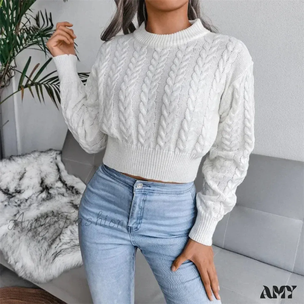 Women Solid Color Twisted Knitted Autumn Winter Fashion Long Sleeve Slim Fit Sweater