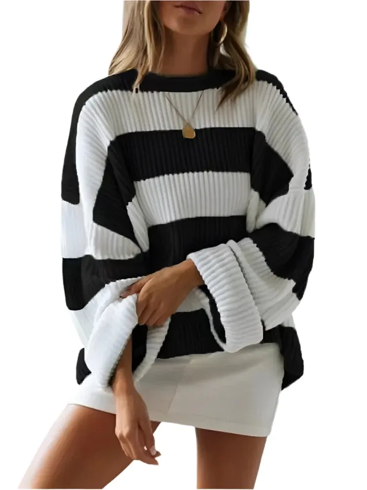Women's Striped Knitted Sweater - O-Neck, Bell Sleeve, Loose Fit, Y2K Preppy Style, Autumn Winter Fashion
