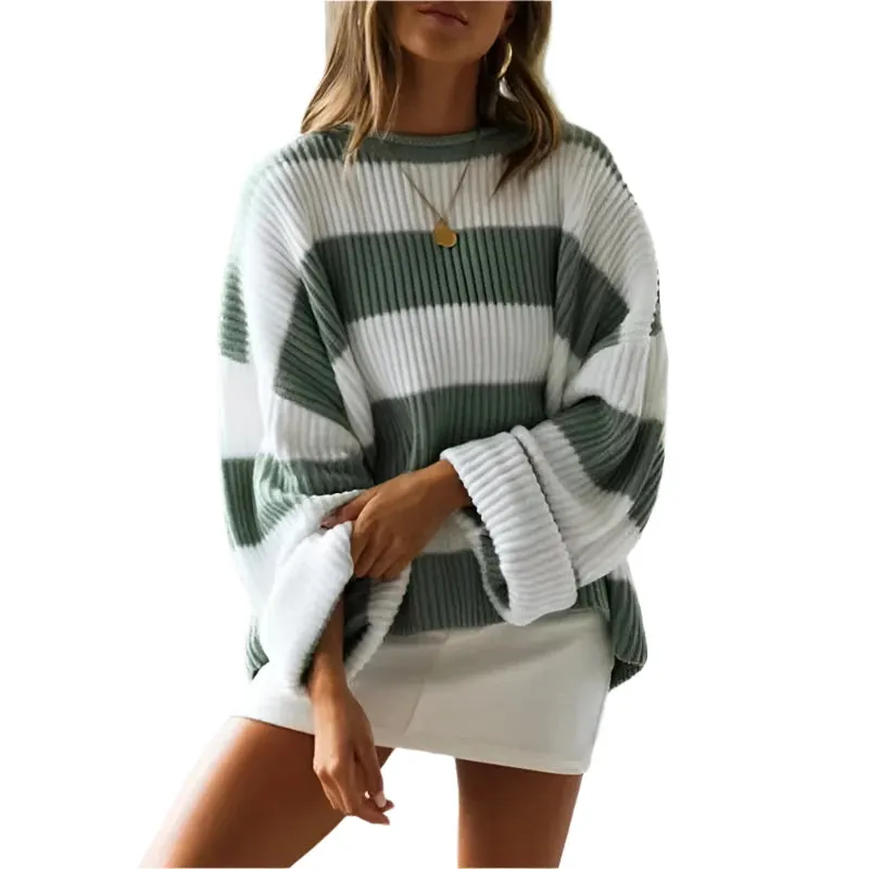 Women's Striped Knitted Sweater - O-Neck, Bell Sleeve, Loose Fit, Y2K Preppy Style, Autumn Winter Fashion